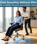 Happy woman seated in office chair rolling smoothly with Upgraded Inline Style Office Chair Wheels 3 Inch Rubber Casters.