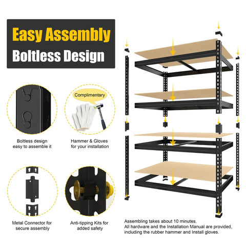Garage Shelving Unit 40 Inch Wide 20 Inch Deep 59 Inch High 4 Tier Steel Storage Shelves Black Multipurpose Organizational Rack for easy boltless assembly