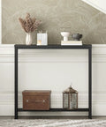 Slick Industrial Console Table For Tight Spaces, Hella Compact Two Tier Sofa Table With Open Storage Shelves, Matte Black Finish.
