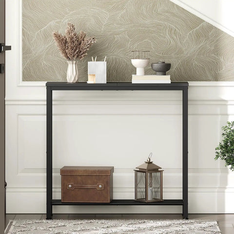 Slick Industrial Console Table For Tight Spaces, Hella Compact Two Tier Sofa Table With Open Storage Shelves, Matte Black Finish.