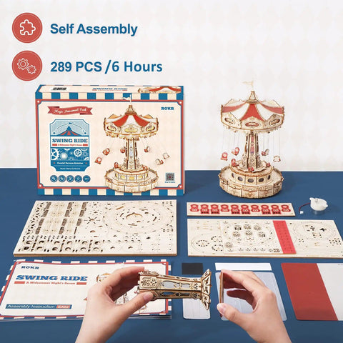 3D Wooden Puzzle Music Box Kit With Led Rotating Swing Ride And Mechanical Model For Adults Diy Wood Craft No Glue Required Gift contents