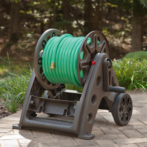 Backyard Beast Two Wheel Hose Cart Delivers Rust Proof Bronze Poly Resin Durability To Handle 225 Feet Of 5/8 Inch Garden Hoses Without Breaking A Sweat Includes Six Foot Leader Hose Plus Drop Down Handle For Easy Park Mode
