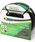 Badass Heavy Duty Black Rubber Air Compressor Hose 3/8 Inch By 50 Feet 300 Psi Beast Mode Rig in packaging with brass fittings.