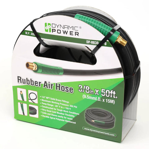 Badass Heavy Duty Black Rubber Air Compressor Hose 3/8 Inch By 50 Feet 300 Psi Beast Mode Rig in packaging with brass fittings.