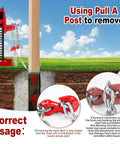 Heavy Duty Fence Post Removal Tool With 7100 Lb Pull Capacity in use with lever, showing galvanized cable and chain setup for 4x4 posts extraction.