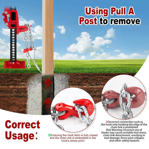 Heavy Duty Fence Post Removal Tool With 7100 Lb Pull Capacity in use with lever, showing galvanized cable and chain setup for 4x4 posts extraction.