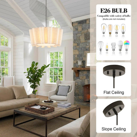 Modern Black Finish Pendant Light Fixture With Off White Fabric Drum Shade Four Light Chandelier For Bedroom Dining Room Corridor And Living Room With Elegant Look Great For Entryways And Hallways
