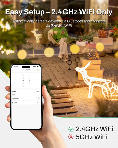 Outdoor Smart Plug With Timers And Countdown, Heavy Duty Weatherproof Outlet showing app interface and festive lighting setup.