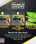 13 Sensor ProSensor M210 Stud Finder for wood and metal studs, showing full width accuracy with live wire detection features.