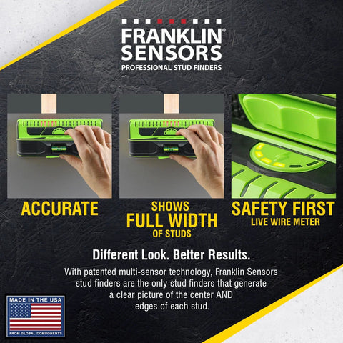 13 Sensor ProSensor M210 Stud Finder for wood and metal studs, showing full width accuracy with live wire detection features.