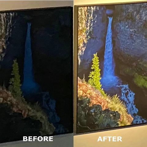Before and after of art with Wireless Picture Light With Remote For Art And Photos, Battery Powered Stick On LED Lighting That Pops Colors
