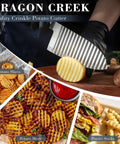 Dragon Creek stainless steel crinkle cutter knife slicing a potato; collage shows crinkle-cut chips, potato mesh, and sticks.