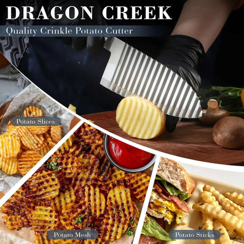 Dragon Creek stainless steel crinkle cutter knife slicing a potato; collage shows crinkle-cut chips, potato mesh, and sticks.