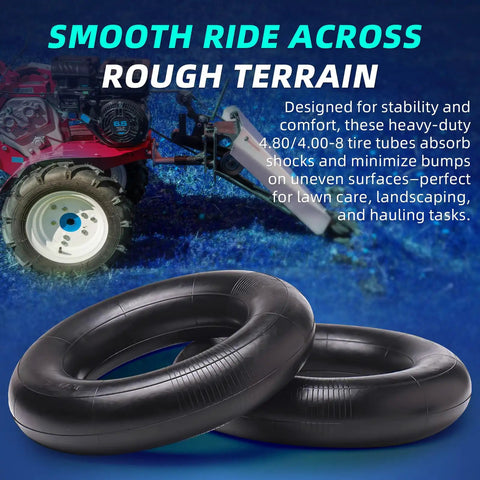 Heavy Duty Inner Tube For 4.80/4.00-8 Tires With TR-13 Straight Valve Built To Endure Yard Work, shown with outdoor equipment.