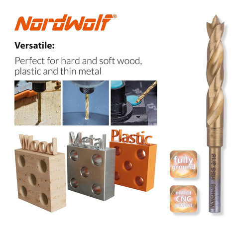 8-Piece HSS M2 Brad Point Wood Drill Bit Set With Titanium Nitride Coating 1/8 Inch Straight Shank for various materials