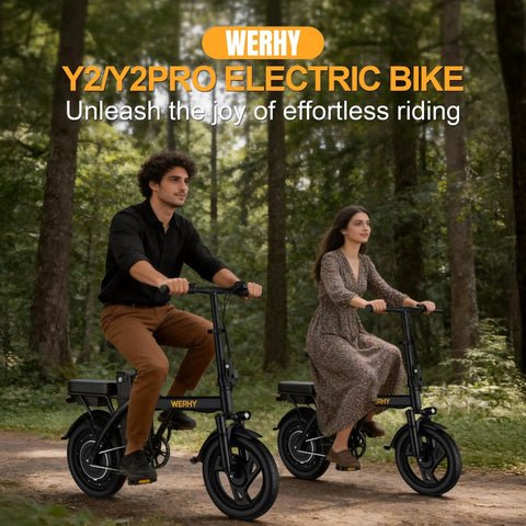 Two people riding Electric Bike For Adults With 500W Motor 20 MPH Top Speed Foldable E Bike with 14 inch wheels in a park setting.