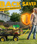 Man pulling Heavy Duty Steel Garden Cart For Yard And Farm with tools, showing back saver benefit, on grass.