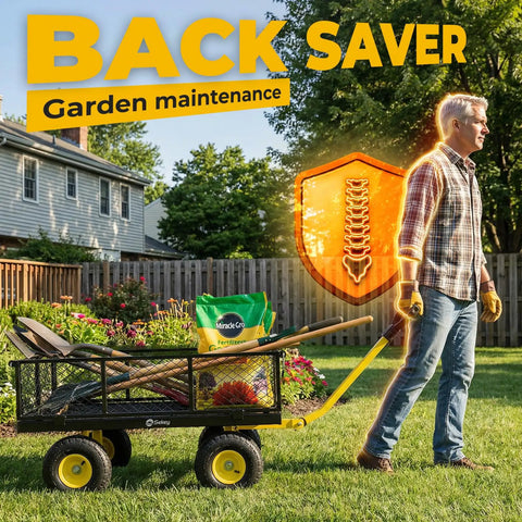 Man pulling Heavy Duty Steel Garden Cart For Yard And Farm with tools, showing back saver benefit, on grass.