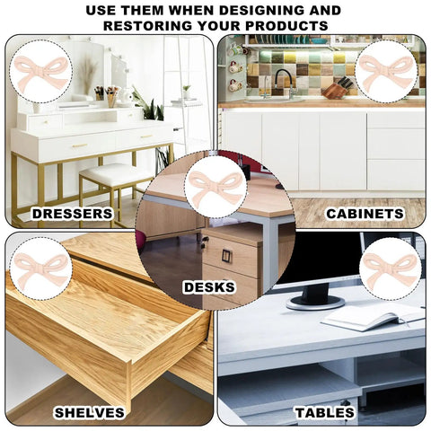 Six Pack Bow Shaped Cabinet Knobs With Screws In Light Pink on dressers, cabinets, desks, shelves, and tables