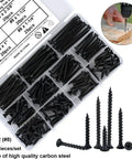 155 Piece Black Oxide Wood And Drywall Screw Assortment Kit With Phillips Countersunk Heads laid out in organized storage with various lengths.