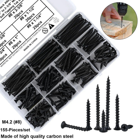 155 Piece Black Oxide Wood And Drywall Screw Assortment Kit With Phillips Countersunk Heads laid out in organized storage with various lengths.