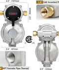 Front and side views of a 2-stage RV propane regulator with gauge; chrome body, brass fittings, 1/4" inverted flare