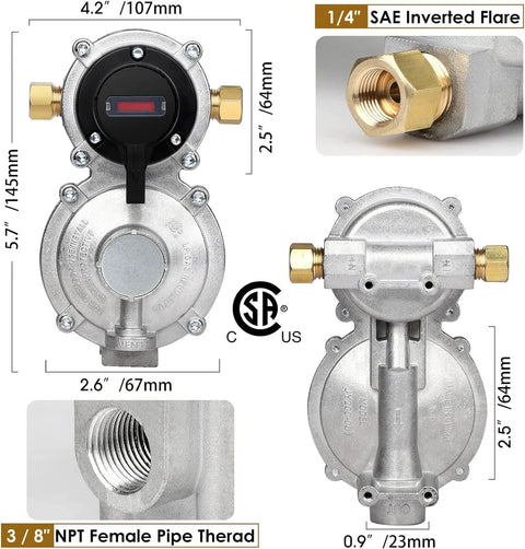Front and side views of a 2-stage RV propane regulator with gauge; chrome body, brass fittings, 1/4" inverted flare
