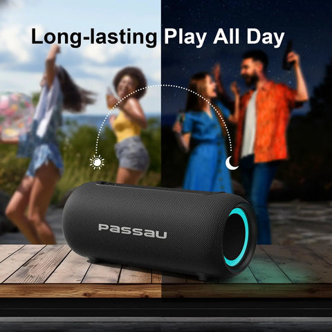 Portable Bluetooth Speaker With 40W Peak Power And Deep Bass From Dual Passive Radiators on table with dancing people