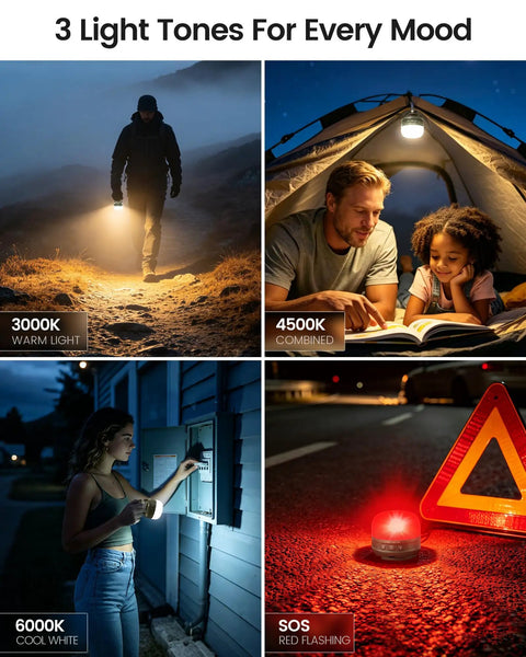 Rechargeable Camping Lantern With 5000mAh Battery, showing warm light, combined light in tent, cool white, and SOS mode outdoors
