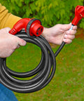 Person holding RV Power Cord 30 Amp 25 Foot with 90 Degree Detachable Plug Red Beefy Heavy Duty Cable for Campers Trailers Easy Grip