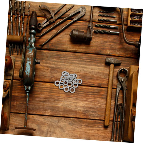 Premium 20 Piece Manganese Lock Washers With Double Wedge Tooth Design To Keep Bolts And Screws From Kicking Loose Super Tight Antivibration Hardware Kit For All Projects on wooden workbench with tools.