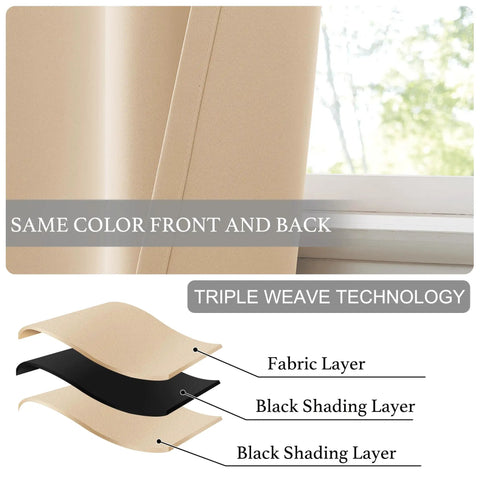 Close-up of Sidelight Blackout Curtains For Doors Farmhouse Self Stick Window Blinds No Rod Needed Light Blocking Insulating Curtain For Baby Nursery And Kitchen W36 X L72 Inches 1 Piece Biscotti Beige, showing triple weave technology.