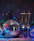 100 Piece Mirror Disco Balls Set Dope Party Decor Bulk Assorted Silver Hanging Decor with champagne glasses and lights
