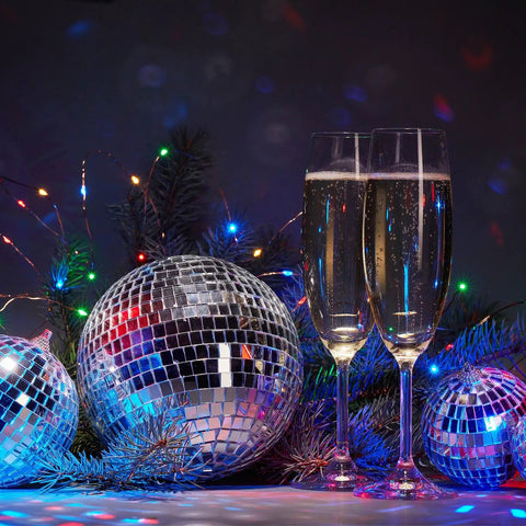 100 Piece Mirror Disco Balls Set Dope Party Decor Bulk Assorted Silver Hanging Decor with champagne glasses and lights