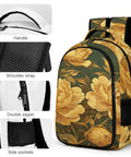 Dark Green Canvas Printed Unisex Backpack With Large Capacity For Everyday Carry Durable Polyester Build Breathable Design Peony Pattern
