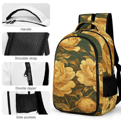 Dark Green Canvas Printed Unisex Backpack With Large Capacity For Everyday Carry Durable Polyester Build Breathable Design Peony Pattern