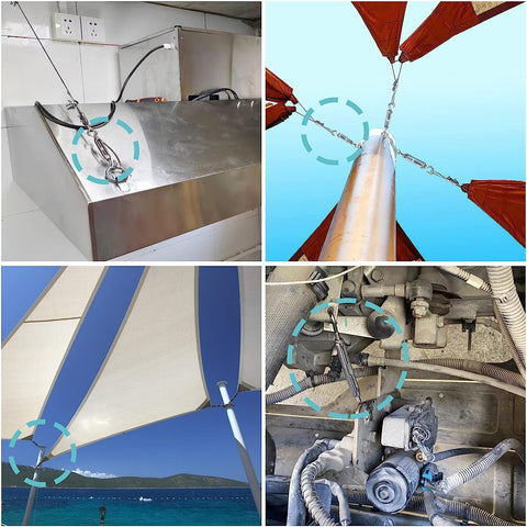 Heavy Duty Shade Sail Hardware Kit With Winches And Wire Rope Rust Free Stainless Steel Sun Shade Hardware Kit For Rectangle Square Triangle Shade Sail Installation 71 Pieces in use for different sail setups.