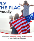 Family with Heavy Duty Outdoor US Flag 3x5 Ft With Embroidered Stars flying proudly, child on shoulders, embracing unity and tradition.