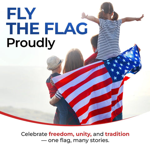 Family with Heavy Duty Outdoor US Flag 3x5 Ft With Embroidered Stars flying proudly, child on shoulders, embracing unity and tradition.