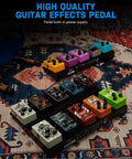 Guitar Pedalboard With Built In Power Supply, Compact 15 By 5.1 Inch Aluminum Pedal Board on a colorful rug with pedals.