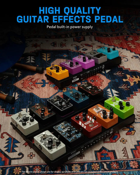 Guitar Pedalboard With Built In Power Supply, Compact 15 By 5.1 Inch Aluminum Pedal Board on a colorful rug with pedals.