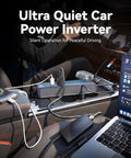 Snapped Into Your Cigarette Lighter This 150W Car Power Inverter with three sockets and USB ports on a car console.