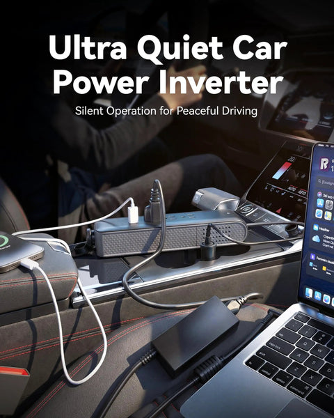 Snapped Into Your Cigarette Lighter This 150W Car Power Inverter with three sockets and USB ports on a car console.