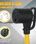 Welder Adapter Cord NEMA 14-30P To 6-50R, 30 Amp 4 Prong Dryer Male To 50 Amp 3 Prong Welder Female Receptacle displayed