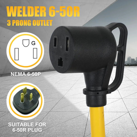 Welder Adapter Cord NEMA 14-30P To 6-50R, 30 Amp 4 Prong Dryer Male To 50 Amp 3 Prong Welder Female Receptacle displayed