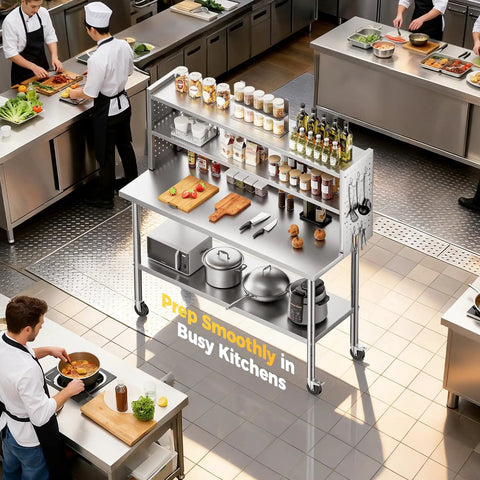NSF Certified Stainless Steel Kitchen Prep Table 60x24 Inches With Adjustable Shelf And Pegboard Panels in a busy kitchen.