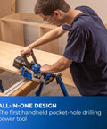 Man using Rebel 20V Ionic Drive Pocket Hole Joiner Kit With 20V Blue Ion Charger for woodworking on sawhorse.