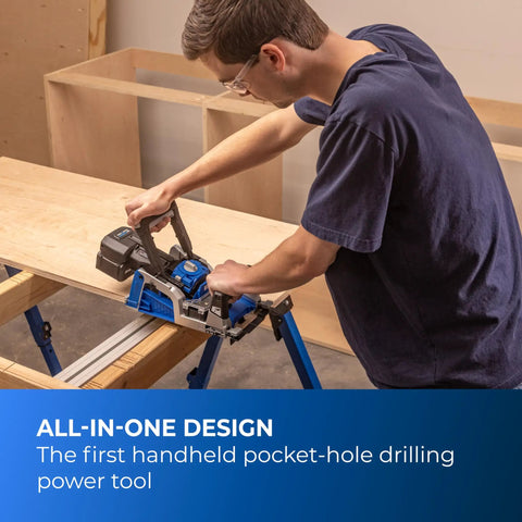 Man using Rebel 20V Ionic Drive Pocket Hole Joiner Kit With 20V Blue Ion Charger for woodworking on sawhorse.