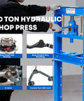 20 Ton Hydraulic Shop Press With H Frame, Adjustable Height Table And Stamping Plates, perfect for auto repair shown.
