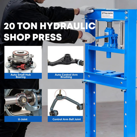 20 Ton Hydraulic Shop Press With H Frame, Adjustable Height Table And Stamping Plates, perfect for auto repair shown.
